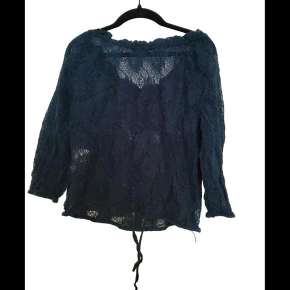 Kosiuko Ladies Blue Lace 3/4 Sleeve Jacket Cover Up Shirt Button Down Tie Medium - Picture 3 of 4